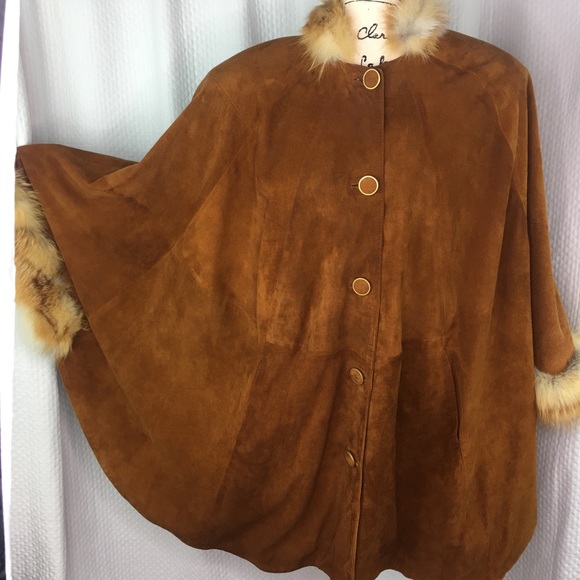 Jackets & Blazers - Vintage Suede Leather Fur (Faux?) Trim Poncho Cape